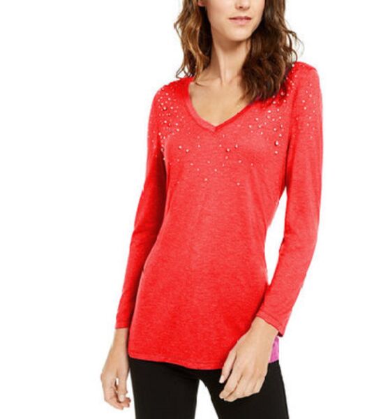 INC International Concepts Women's Embellished Shine V Neck Top Red Size X-Small