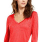INC International Concepts Women's Embellished Shine V Neck Top Red Size X-Small