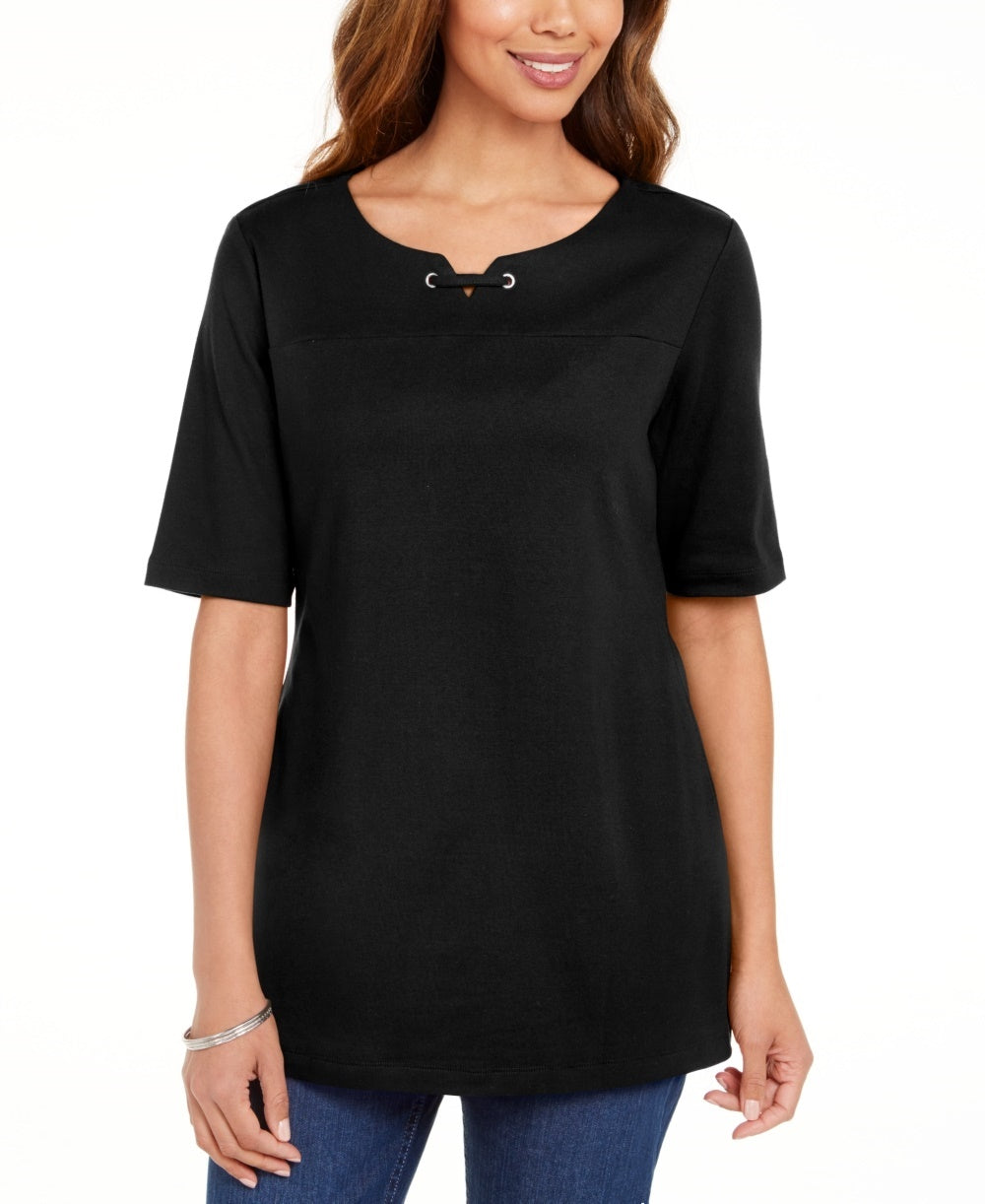 Karen Scott Women's Cotton Split Neck Elbow Sleeve Top  Black Size Small