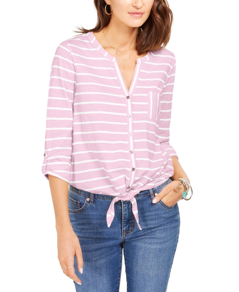 Style & Co Women's Printed Tie Front Top Pink Size XX-Large