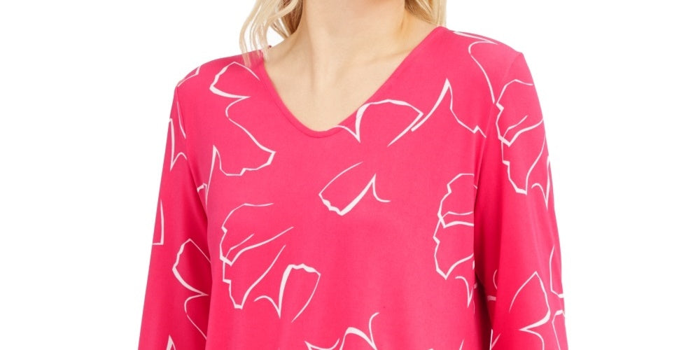 Alfani Women's Printed Tie Sleeve Top  Pink Size Large