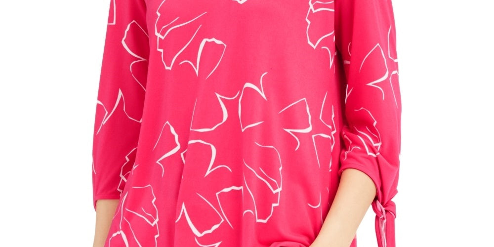 Alfani Women's Printed Tie Sleeve Top  Pink Size Large
