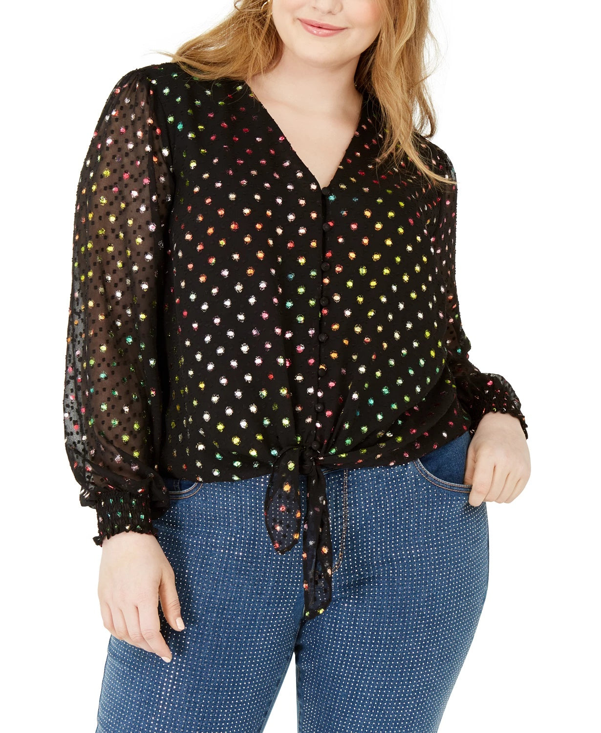INC International Concepts Women's Polka Dot Tie Front Top Black Size 4X