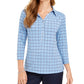 Charter Club Women's 3/4 Sleeve Printed Polo Top Blue Size Small