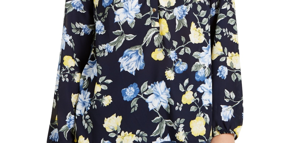 Charter Club Women's Floral Print Georgette Blouse Blue Size Large