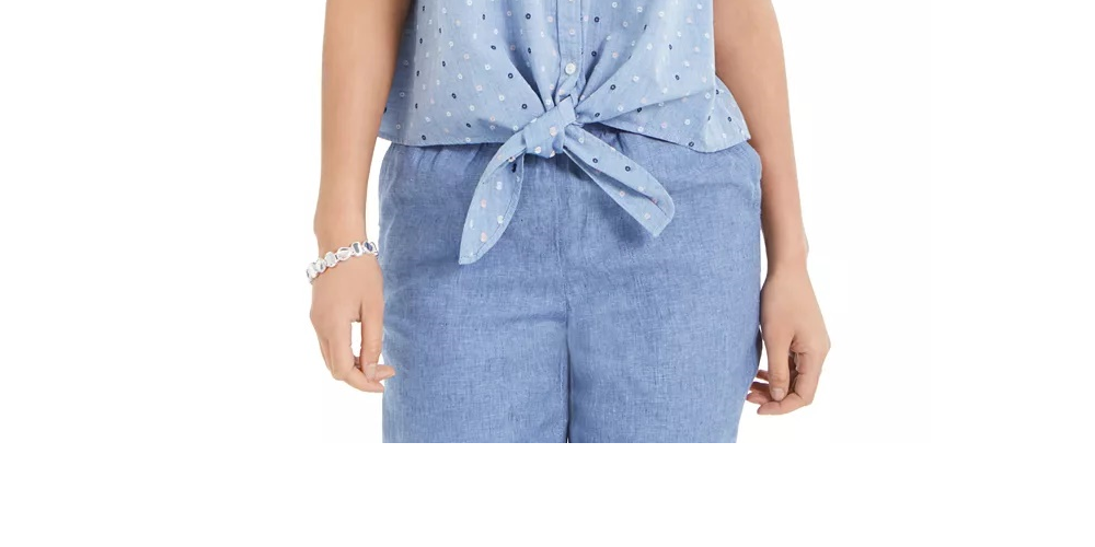 Charter Club Women's Cotton Embroidered Tie Front Shirt Blue Size X-Large