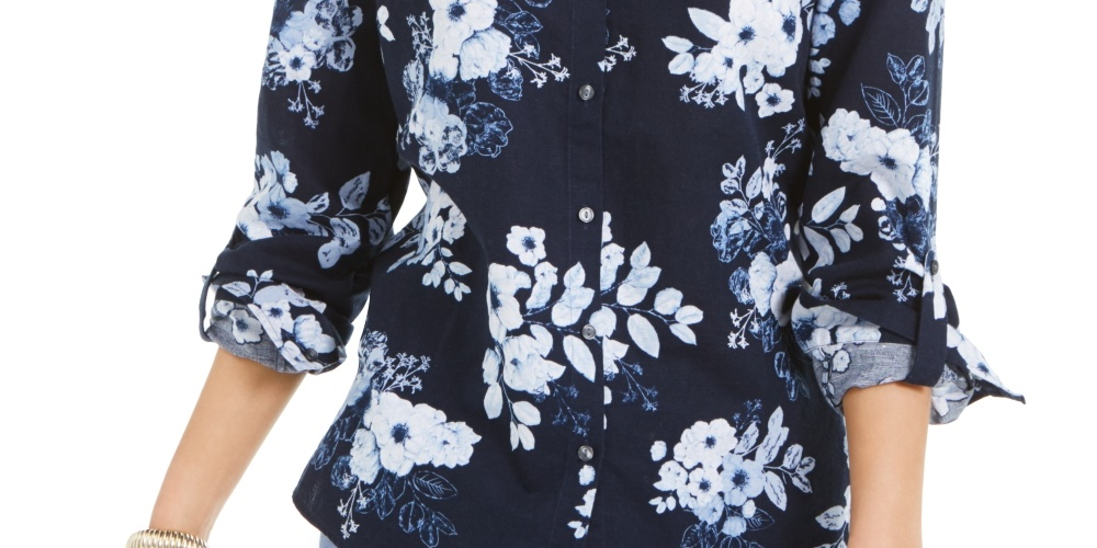 चार्टर क्लब वीमेन फ्लोरल प्रिंट लिनेन ब्लेंड शर्ट ब्लू साइज़ XX-लार्ज