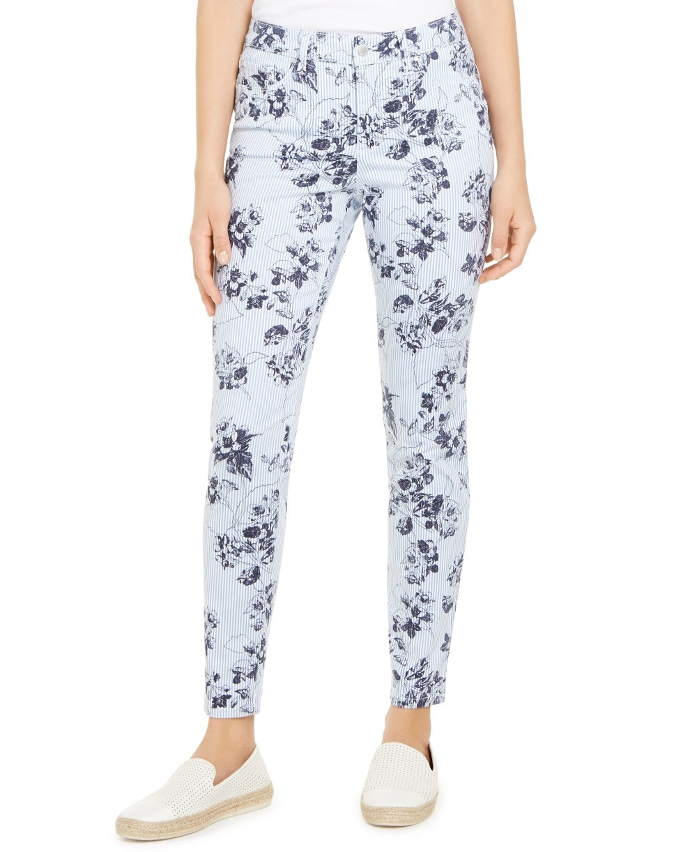 Charter Club Women's Striped Floral Printed Bristol Skinny Ankle Pants Blue Size 6