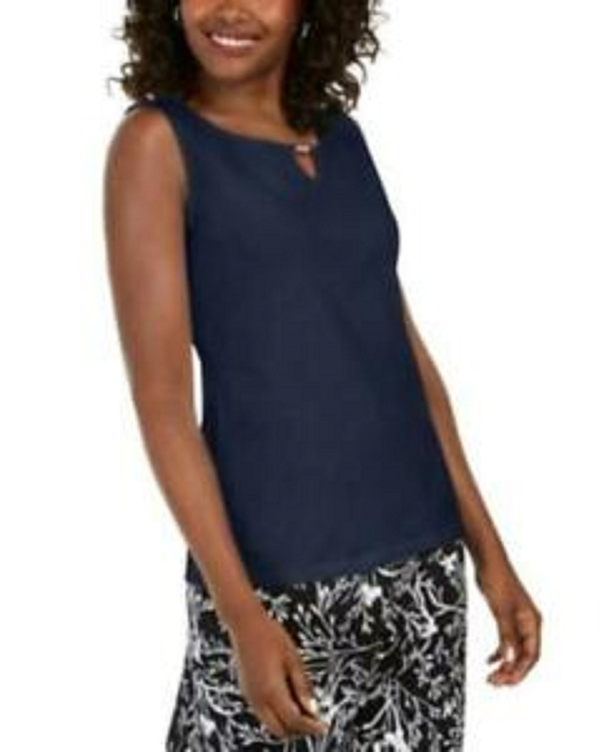 Karen Scott Women's Embellished Keyhole Tank Navy Size Extra Small