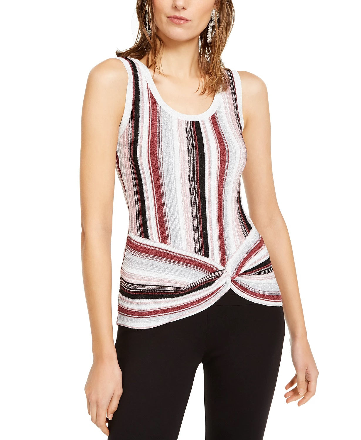 INC International Concepts Women's Striped Twist-Front Sweater Pink Size X-Small