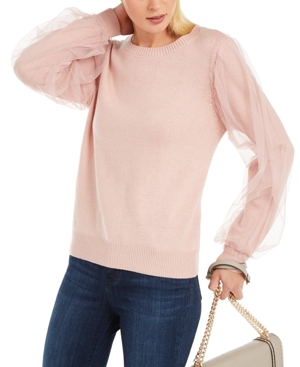 INC International Concepts Women's Tulle-Sleeve Sweater Pink Size Large