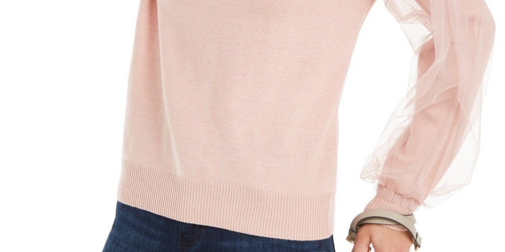 INC International Concepts Women's Tulle-Sleeve Sweater Pink Size Large