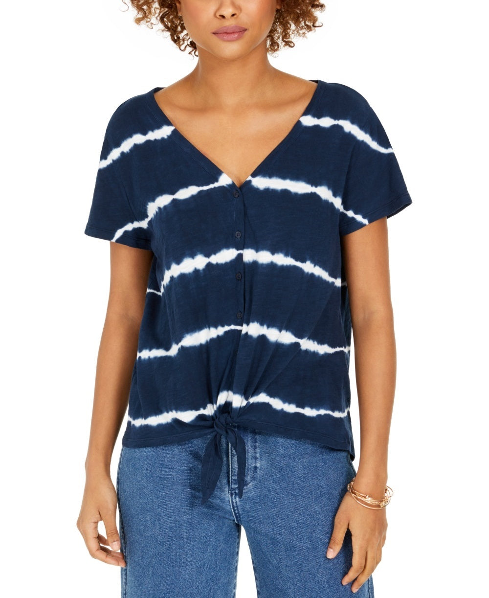 Style & Co Women's Tie Dye Tie Front Top Navy Size XX-Large