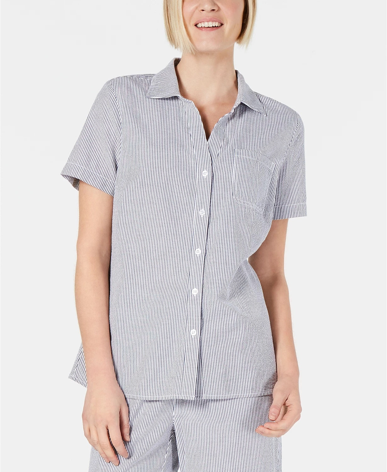 Karen Scott Women's Cotton Seersucker Shirt  Blue Size Large