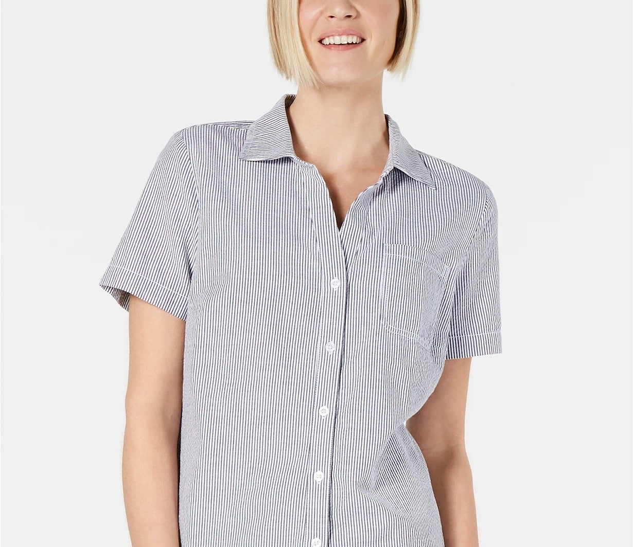 Karen Scott Women's Cotton Seersucker Shirt  Blue Size Large