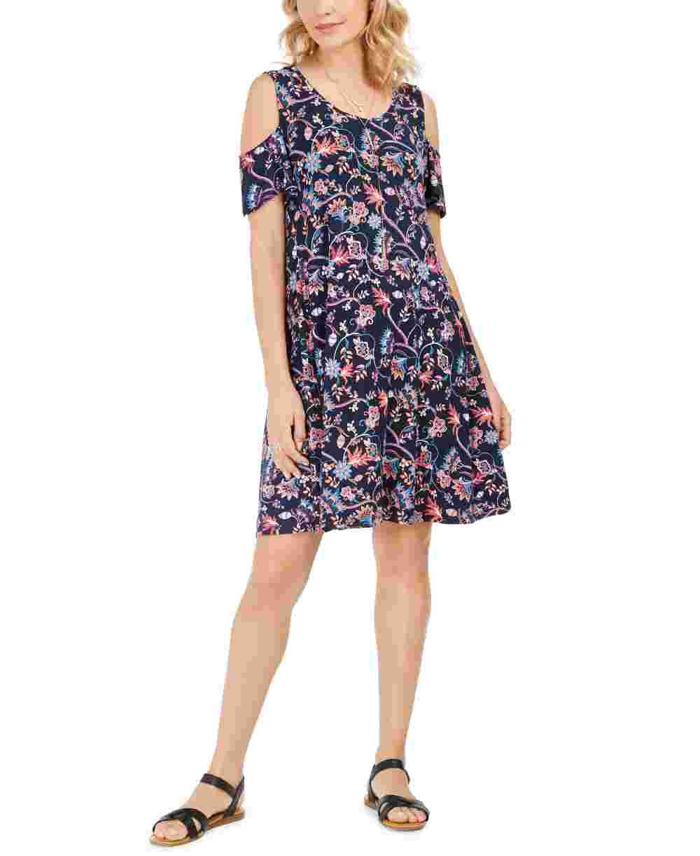 Style & Co Women's Printed Cold Shoulder Swing Dress Navy Size Large