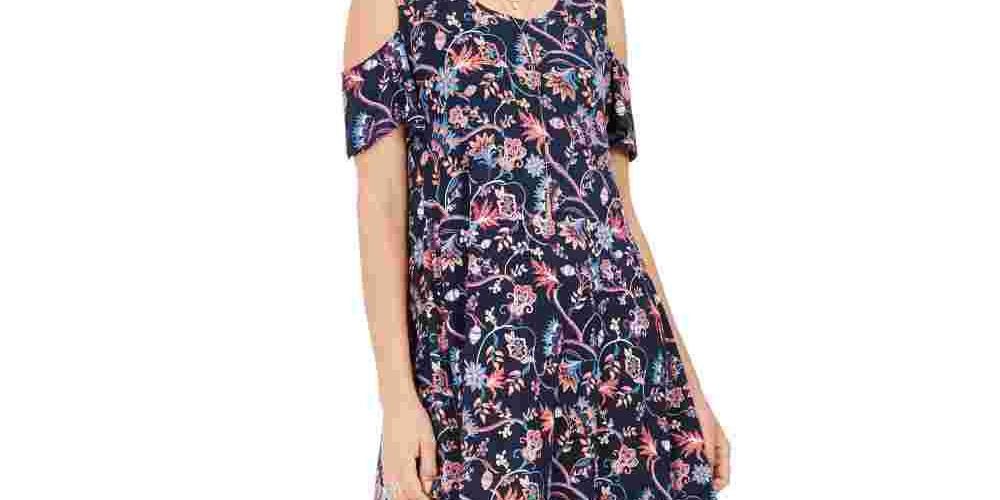 Style & Co Women's Printed Cold Shoulder Swing Dress Navy Size Large