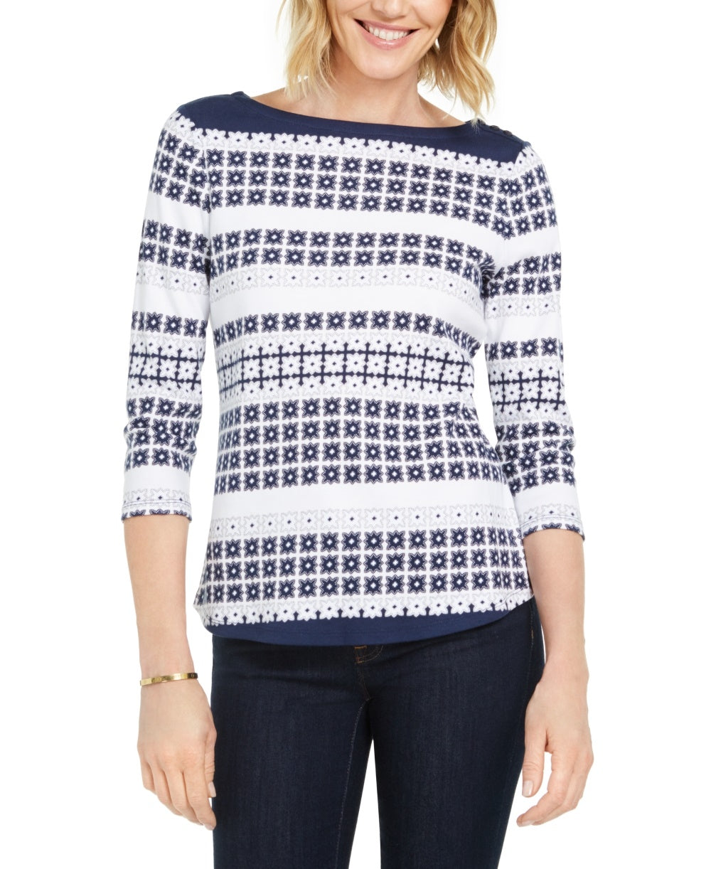 Charter Club Women's Supima Cotton Star Striped Top  Blue Size X-Small