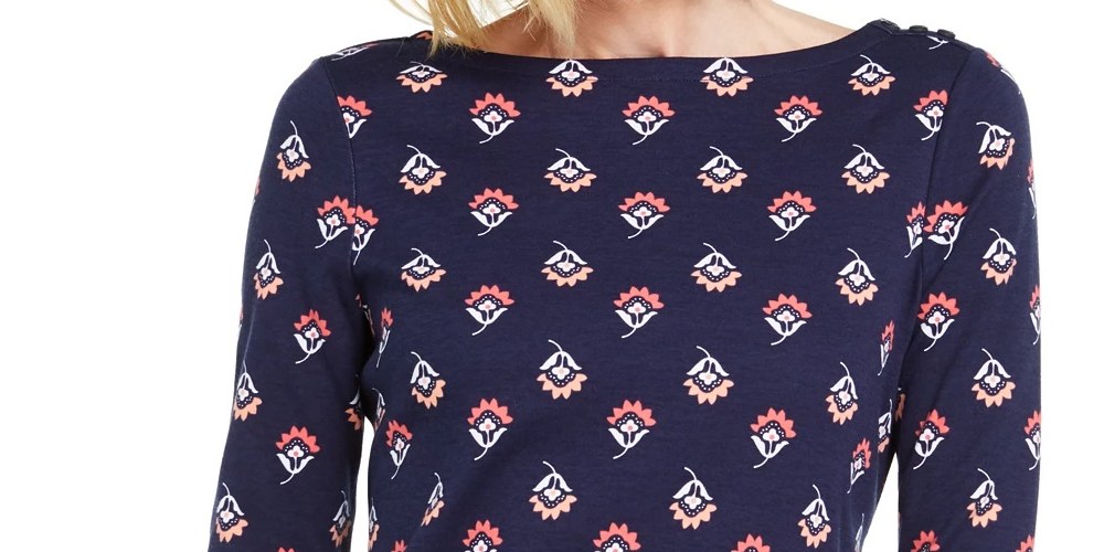 Charter Club Women's Printed Boat-Neck Top Red Size Small