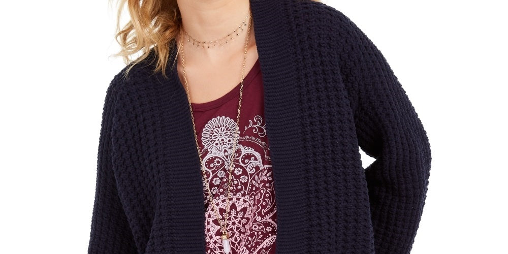 Style & Co Women's Chunky Cable Knit Open Front Cardigan Navy Size Small
