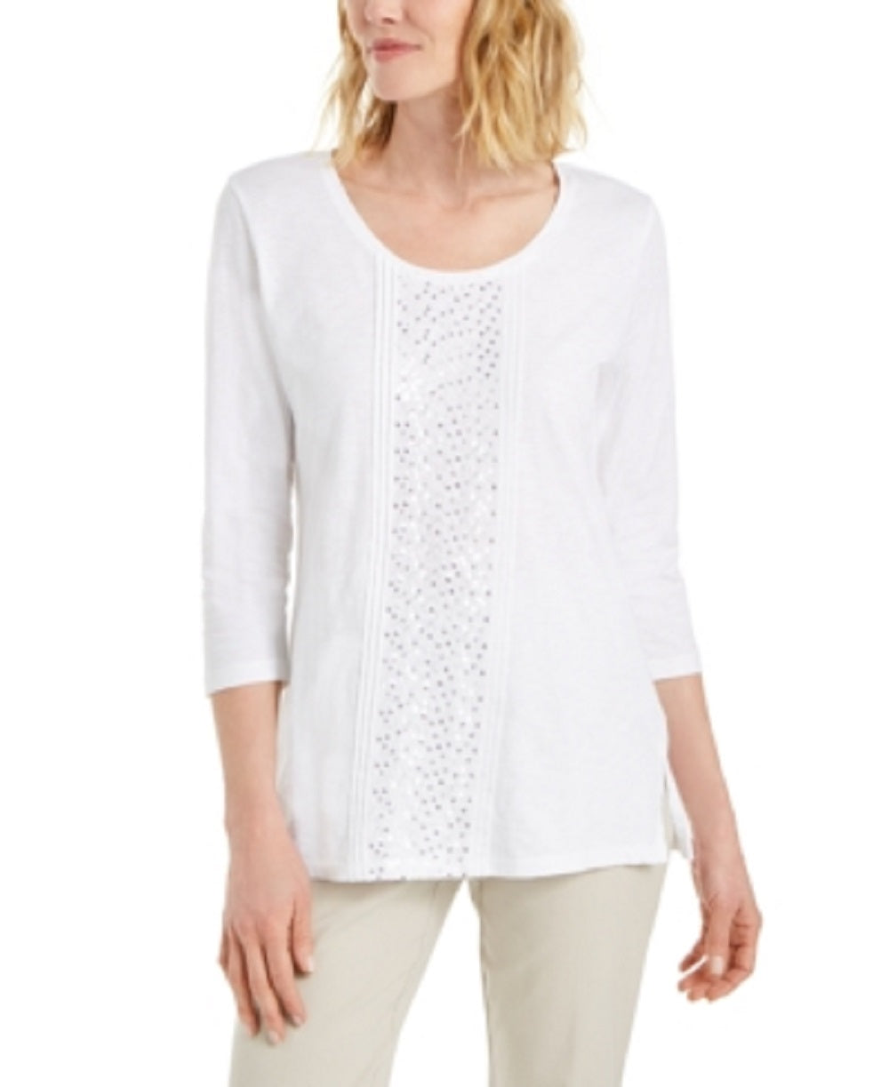 JM Collection Women's Sequined Scoop-Neck Top  Beigekhaki Size X-Large