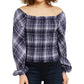 INC International Concepts Women's Plaid Smocked-Bodice Top Turq/Aqua Size Small