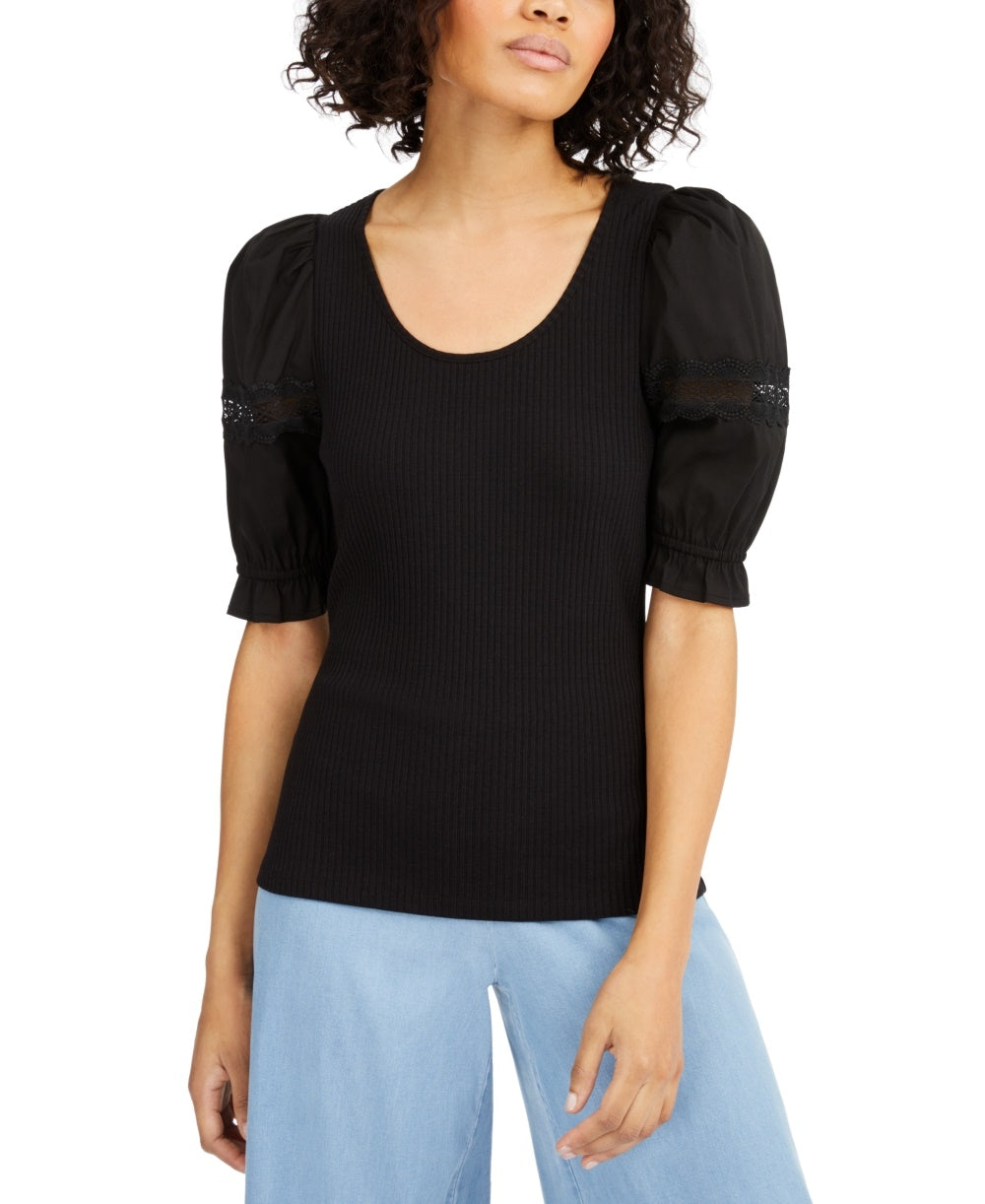 INC International Concepts Women's Ribbed Poplin Sleeve Top Black Size X-Small