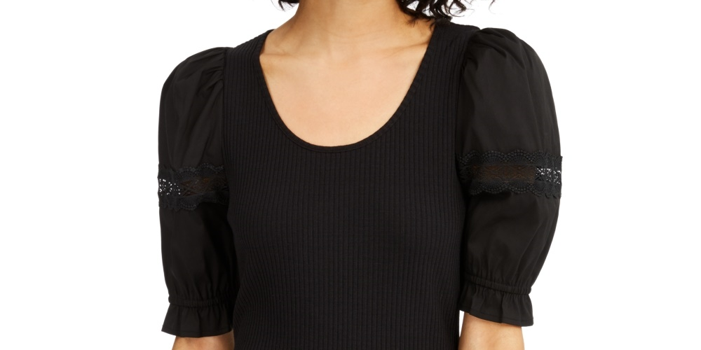 INC International Concepts Women's Ribbed Poplin Sleeve Top Black Size X-Small