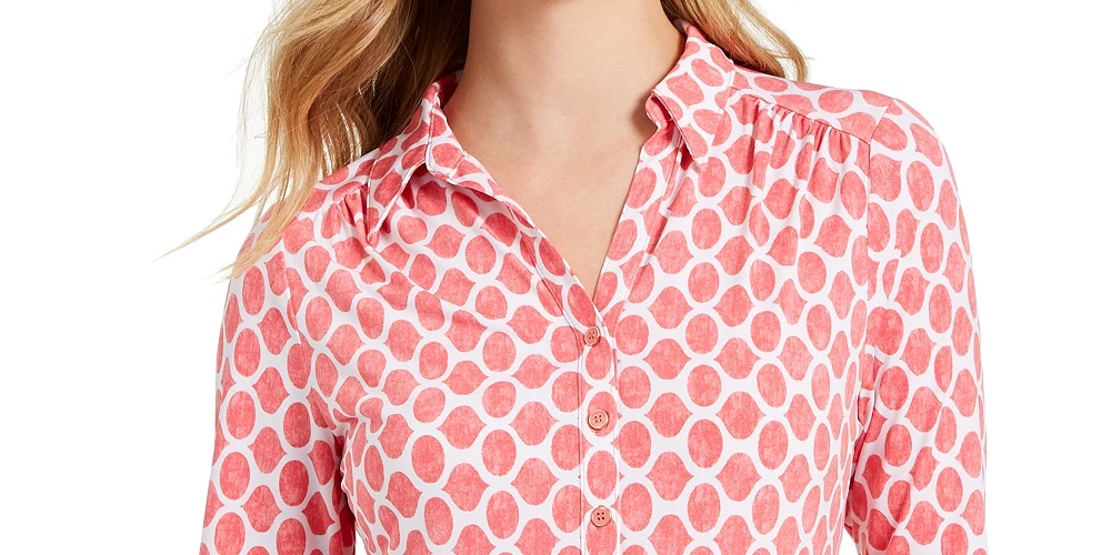 Charter Club Women's 3/4 Sleeve Printed Polo Top Black Size Small