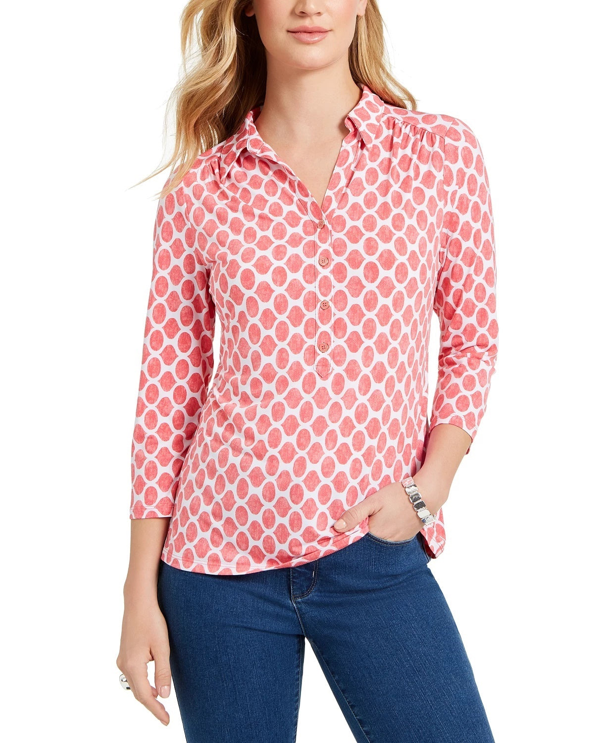 Charter Club Women's 3/4 Sleeve Printed Polo Top Black Size Extra Large