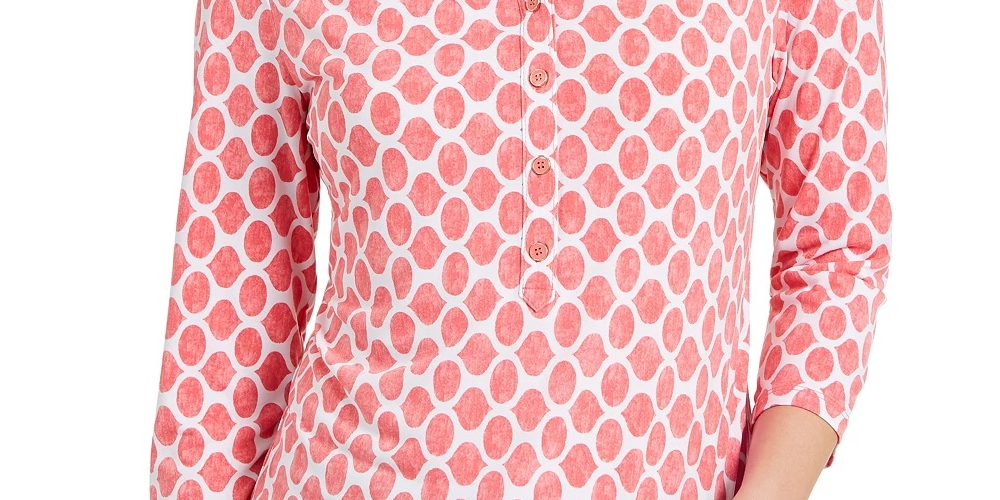Charter Club Women's 3/4 Sleeve Printed Polo Top Black Size Extra Large
