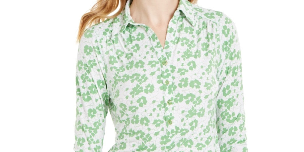Charter Club Women's 3/4 Sleeve Printed Polo Top  Bright Green Size Large