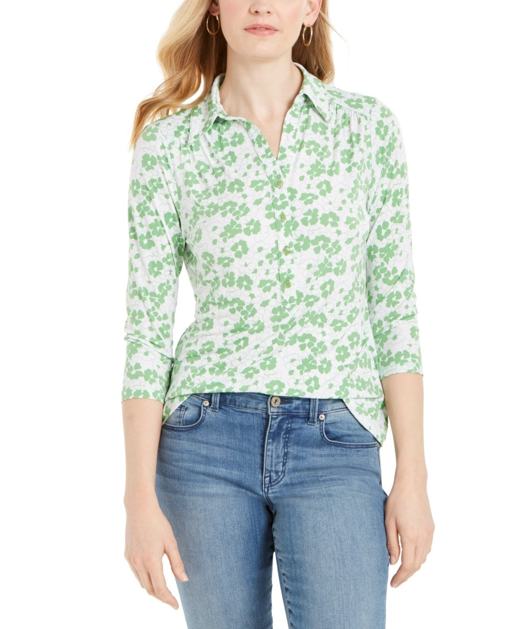 Charter Club Women's 3/4 Sleeve Printed Polo Top Green Size X-Small