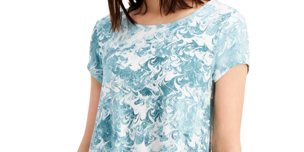 Alfani Women's Teal Printed Short Sleeve Jewel Neck Top Green Size Small
