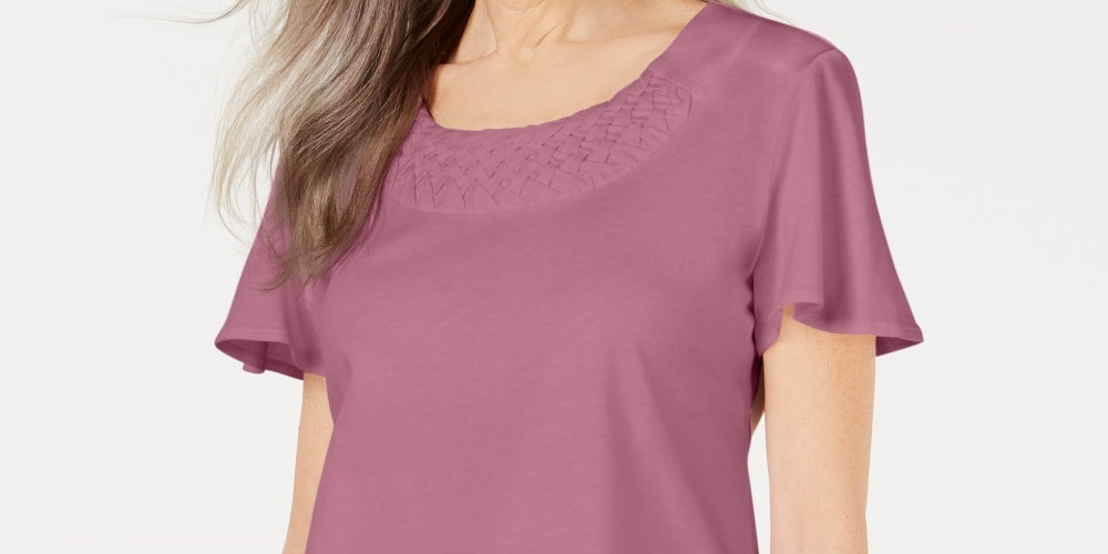 Karen Scott Women's Basketweave Trim Flutter Sleeve Top Pink Size Large