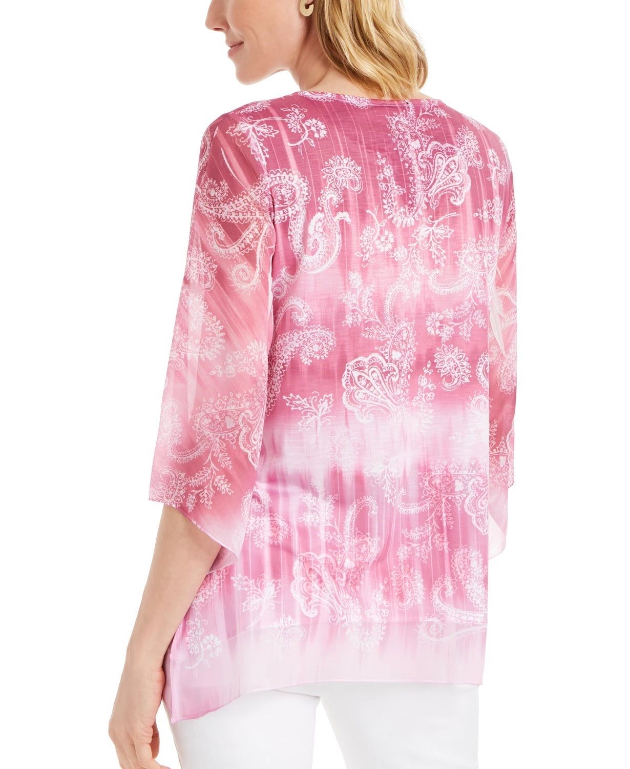 JM Collection Women's Paisley Print Embellished Split Neck Top Pink Size Large