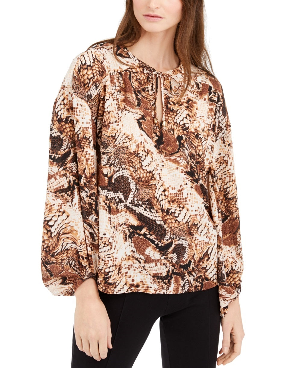 INC International Concepts Women's Blouse Snake-Print Keyhole Tie-Neck Brown Size Medium