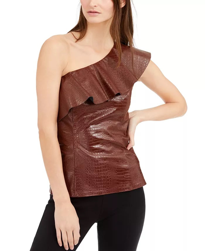 INC International Concepts Women's Croc-Embossed Faux-Leather Top Brown Size Medium