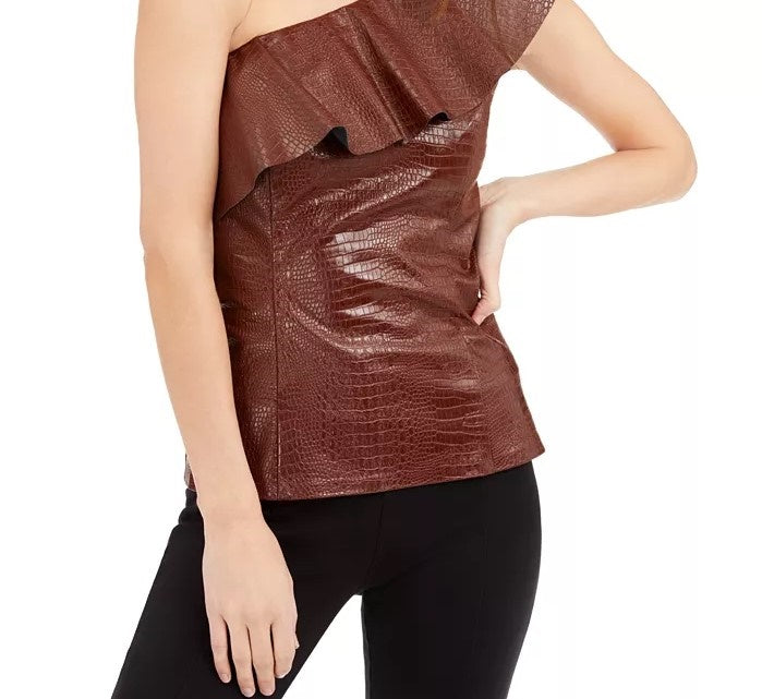 INC International Concepts Women's Croc-Embossed Faux-Leather Top Brown Size Medium