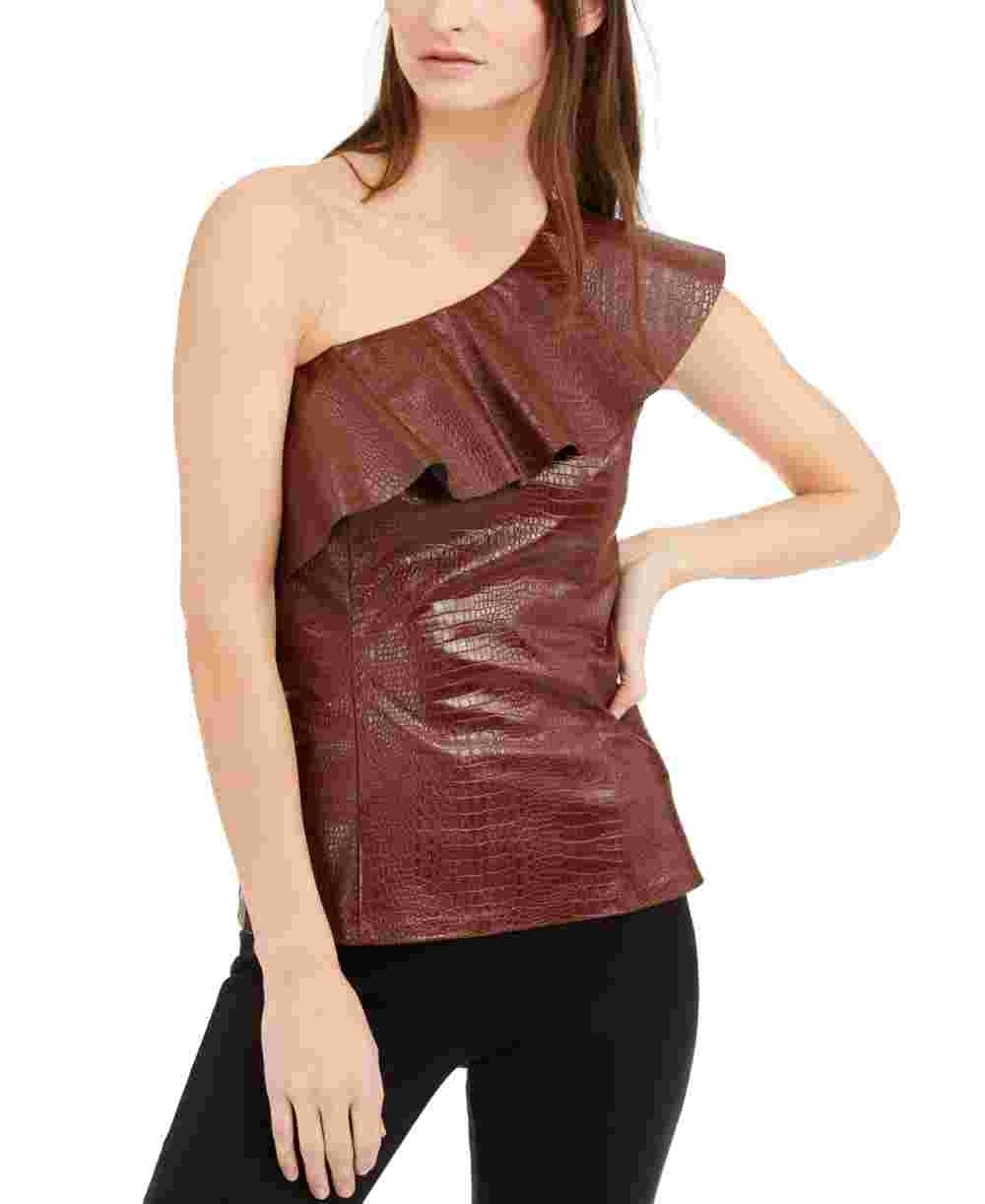 INC International Concepts Women's Croc-Embossed Faux-Leather Top Brown Size X-Large