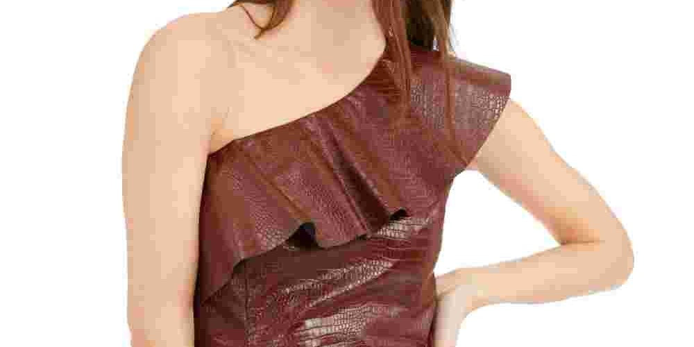 INC International Concepts Women's Croc-Embossed Faux-Leather Top Brown Size X-Large