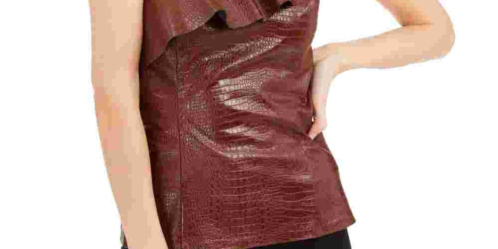 INC International Concepts Women's Croc-Embossed Faux-Leather Top Brown Size X-Large