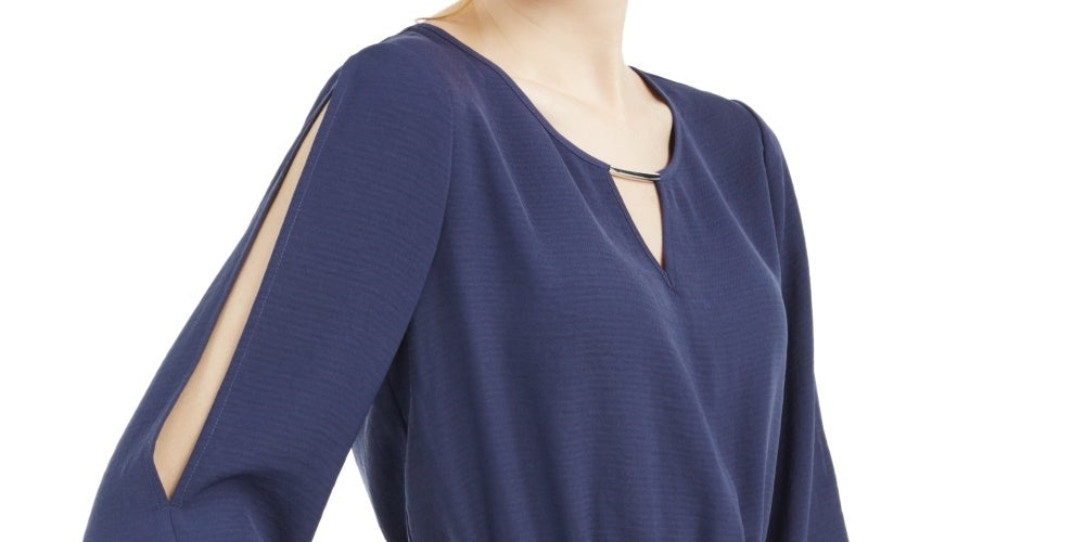 BCX Junior's Split Sleeve Cinched Waist Top Navy Size Small