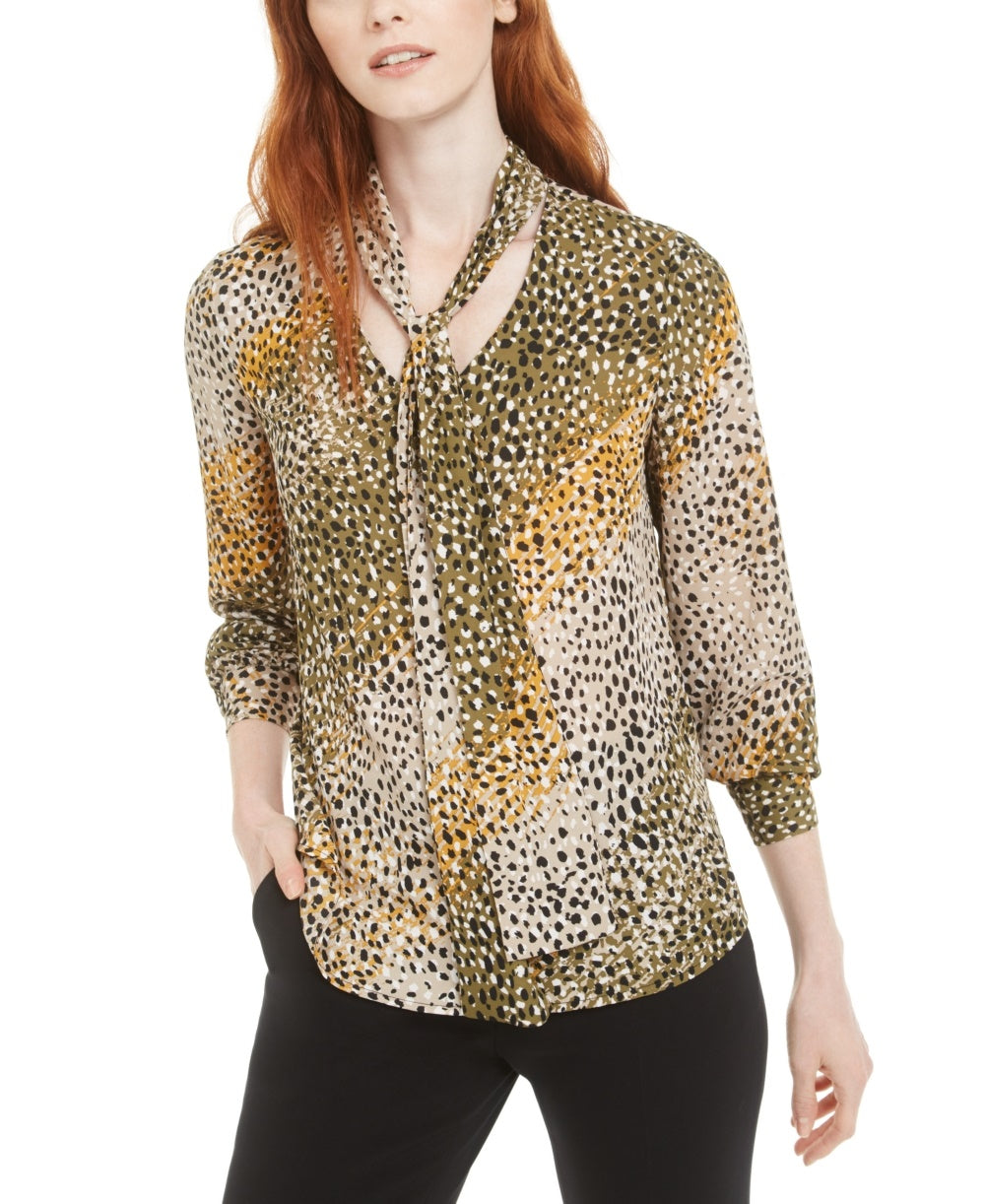 Bar III Women's Printed Tie Neck Top Green Size Small
