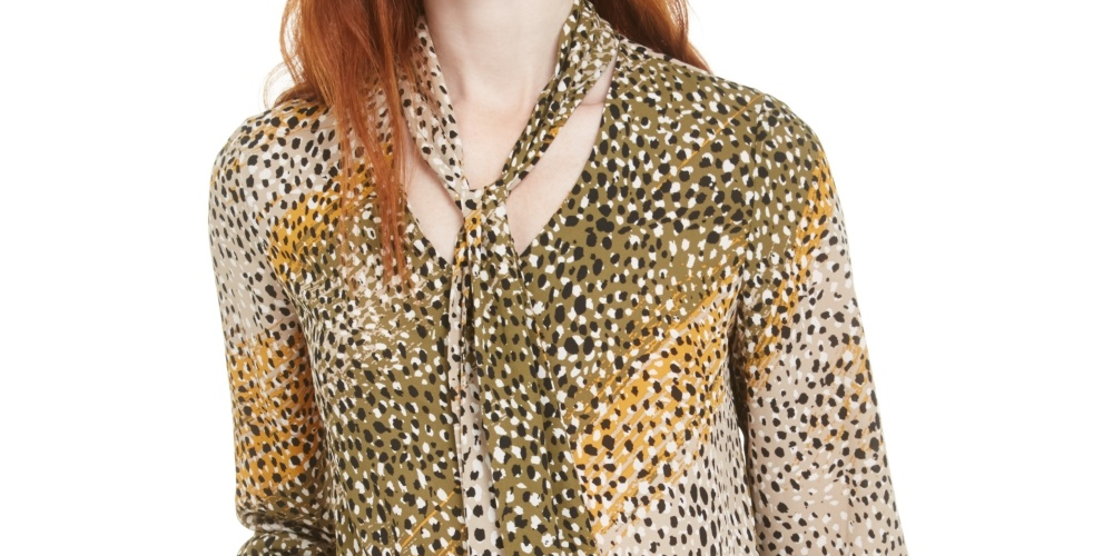 Bar III Women's Printed Tie Neck Top Green Size Small