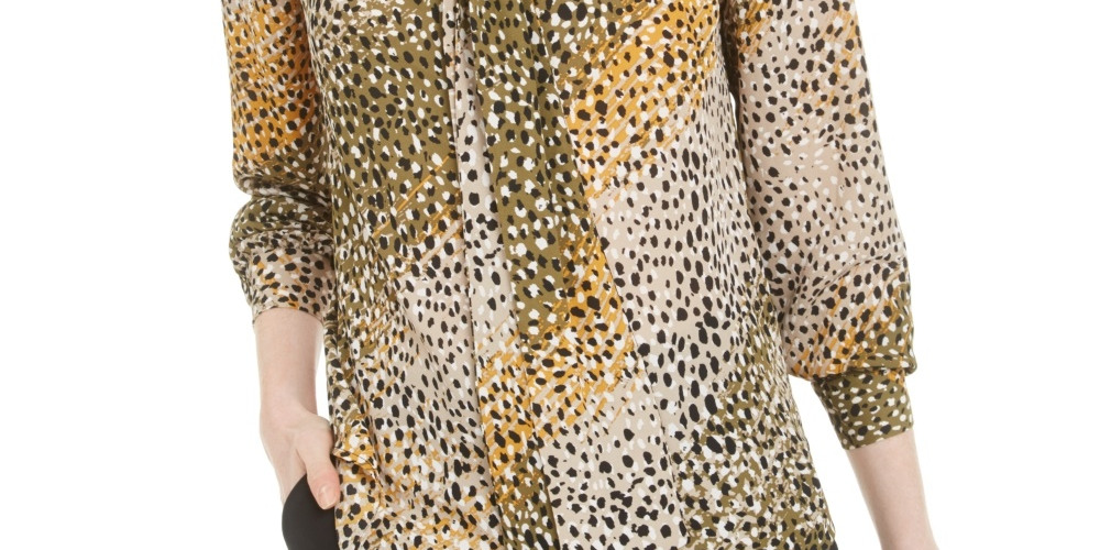 Bar III Women's Printed Tie Neck Top Green Size Small