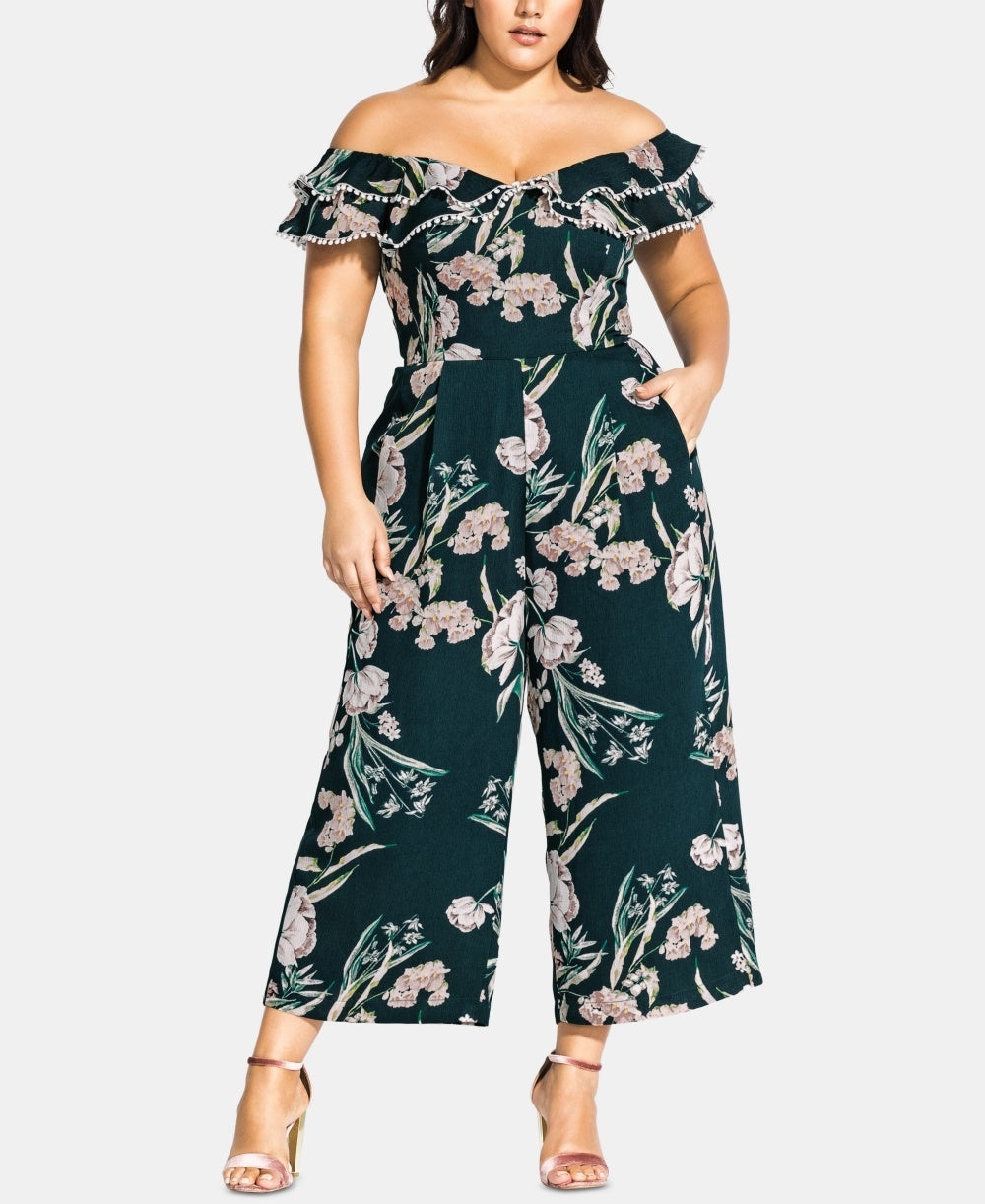 City Chic Women's Plus Fresh Field Jumpsuit Green Size 24W
