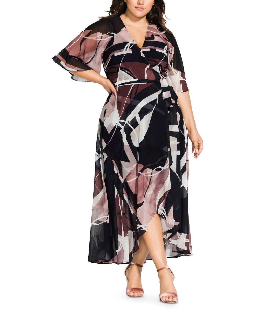 City Chic Women's Trendy Plus Sahara Printed Wrap Maxi Dress Brown Size 24W