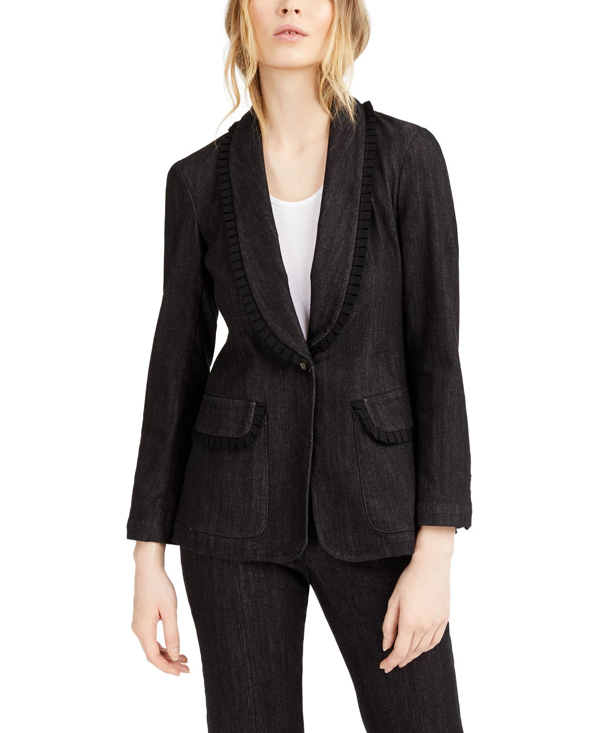 Nanette Lepore Women's Go Getter Ruffled Denim Blazer Black Size X-Small