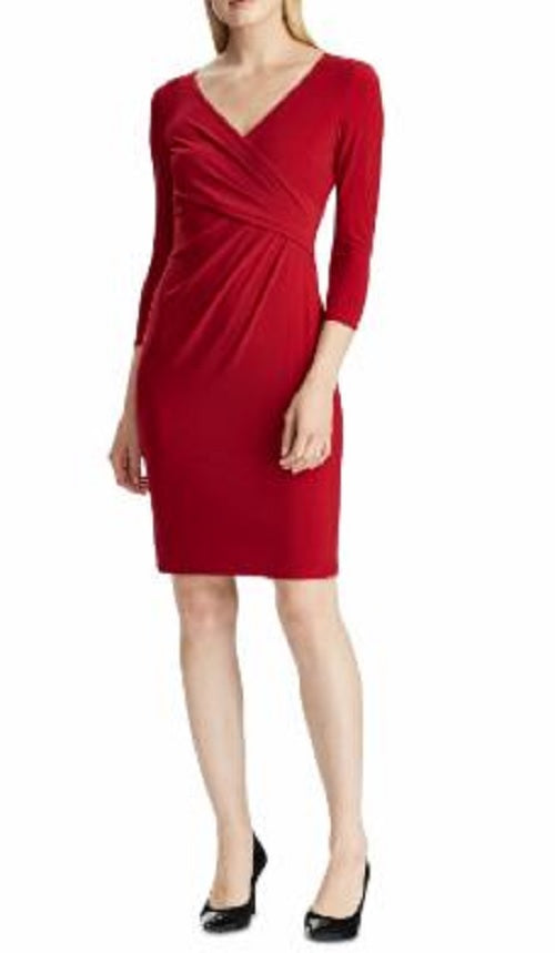Ralph Lauren Women's Long Sleeve V Neck Above The Knee Sheath Cocktail Dress Red Size 6 Petite